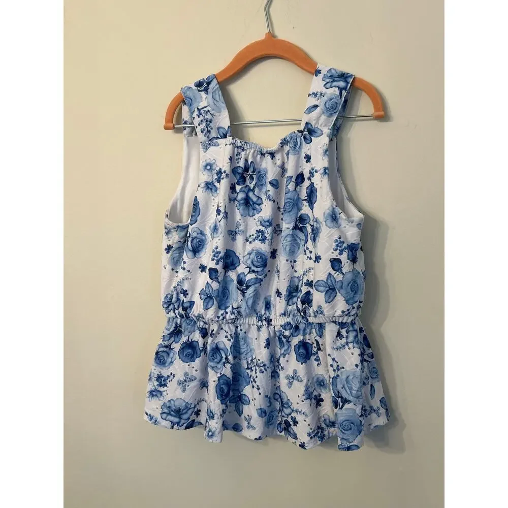 Tahari Girls Blue White Floral 2 Pc Matching Set Peplum Top Wide Leg Pants Sz 12